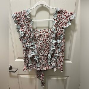 NWT Anthropologie blouse. Eggshell blue with red floral accents. Size M.